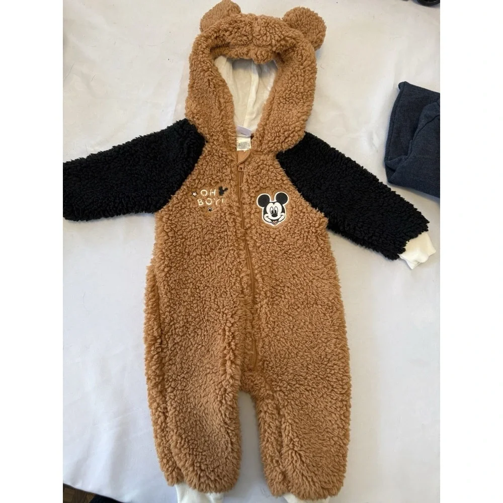 Disney Baby Mickey Mouse Brown Fleece Hooded Snowsuit‎ 6-9 Months Full Zip